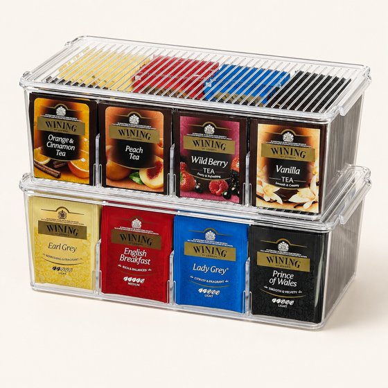 Norcho 2-Pack Tea Bag Organizer with Lid, Plastic Tea Bag Storage Box with 16 Compartments, Stackable Tea Packet Holder for Cabinet, Pantry, Countertop, Sugar Packets & Sweetener Sachets, Clear