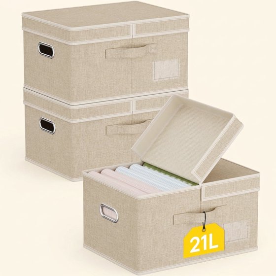 Norcho 21L Fabric Storage Bins with Lids Handles, Foldable Decorative Stackable Closet Organizer Beige, 3 Pack