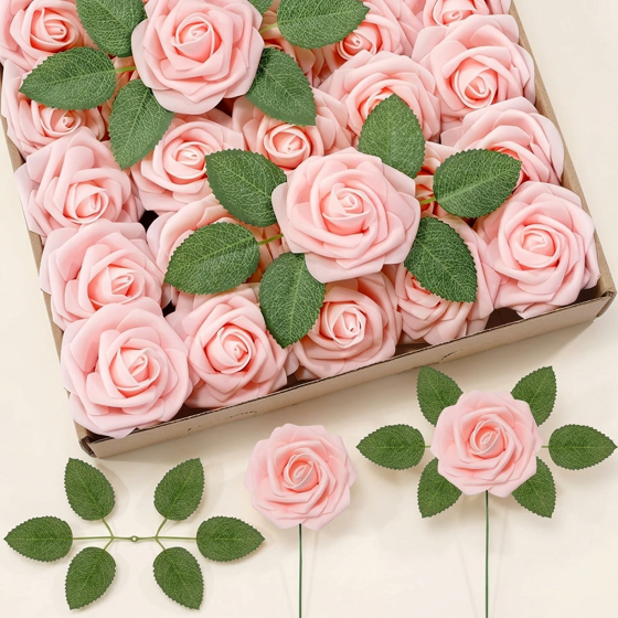 Norcho 25 Pcs Blush Foam Roses Artificial Flowers Stems, Real Looking Fake for DIY Wedding Bouquets Centerpieces Valentine Decor