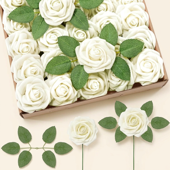 Norcho 25 Pcs Ivory Foam Roses Artificial Flowers Stems, Real Looking Fake for DIY Wedding Bouquets Centerpieces Valentine Decor