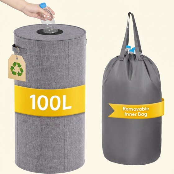 Norcho 26 Gal/100L Round Recycling Bin with Lid, Reusable Inner Bag for Can Bottle Paper Plastic Glass Stickers, Black