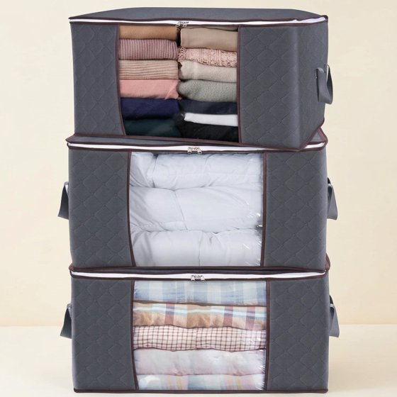 Norcho 3 Pack 90L Storage Bins with Lids Zippers, Foldable Blanket Bags Clear Window Reinforced Handles