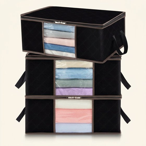 Norcho 3 Pack Clothes Storage Bag Foldable Bin with Reinforced Handle, Clear Window, Sturdy Fabric for Clothing Bedding, Black