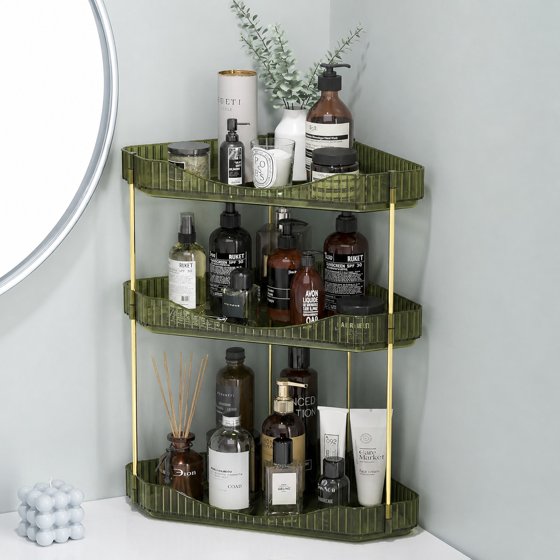 Norcho 3-Tier Corner Bathroom Counter Organizer, Plastic Makeup & Skincare Storage Shelf, Large Countertop Cosmetic & Perfume Organizer for Bathroom, Bedroom, Kitchen & Vanity, Green