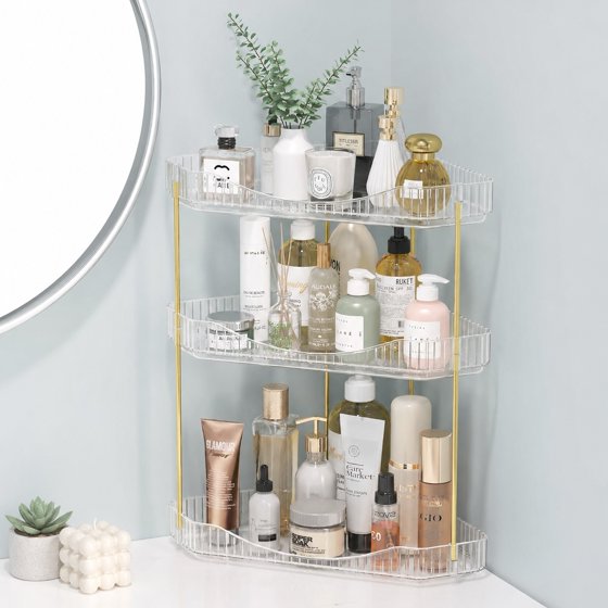 Norcho 3-Tier Corner Bathroom Counter Organizer, Plastic Makeup & Skincare Storage Shelf, Large Countertop Cosmetic & Perfume Organizer for Bathroom, Bedroom, Kitchen & Vanity, Clear
