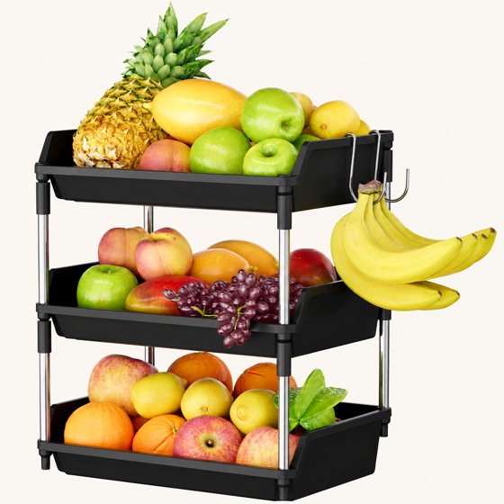 Norcho 3 Tier Fruit Basket for Kitchen Counter with Banana Hanger, Fruit Bowl and Vegetable Storage Stand Organizer for Bread, Snacks and Produce