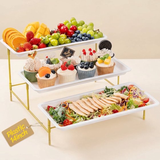 Norcho 3 Tier Serving Tray, White Plastic Tiered Food Serving Platters with Collapsible Gold Metal Stand, 14" x 6.5"
