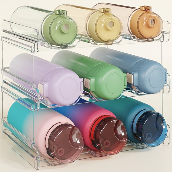 Norcho 3 Tier Stackable Water Bottle Organizer, Cabinet Plastic Holder Fits 9 Bottles 3.8" Dia, Pantry Countertop Cupboard