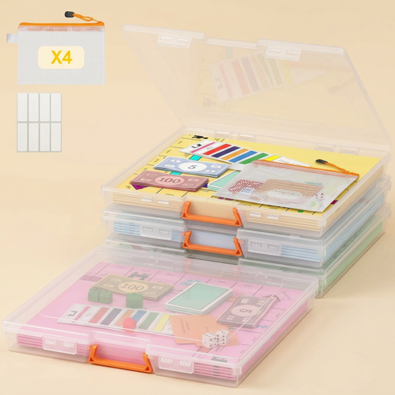 Norcho 3" x 12.2" Paper Storage Boxes with Secure Latch, Plastic Portable Organizer with Handle and Labels, 4-Pack for Files, Documents, Crafts, Puzzles, Cards, and Art Supplies