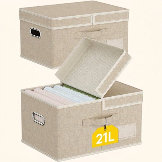 Norcho 34.5L Fabric Storage Bins with Lids Handles, Foldable Decorative Stackable Closet Organizer Beige, 2 Pack