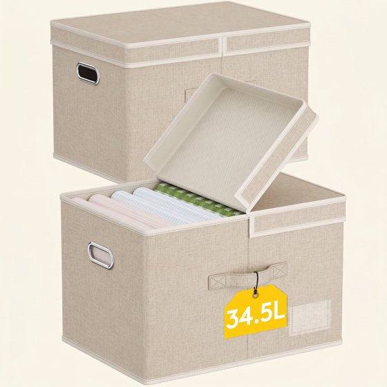 Norcho 34.5L Fabric Storage Bins with Lids Handles, Foldable Decorative Stackable Closet Organizer Beige, 2 Pack