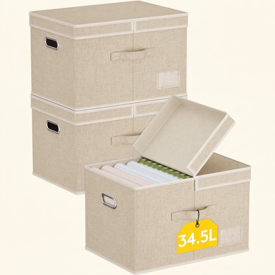 Norcho 34.5L Fabric Storage Bins with Lids Handles, Foldable Decorative Stackable Closet Organizer Beige, 3 Pack