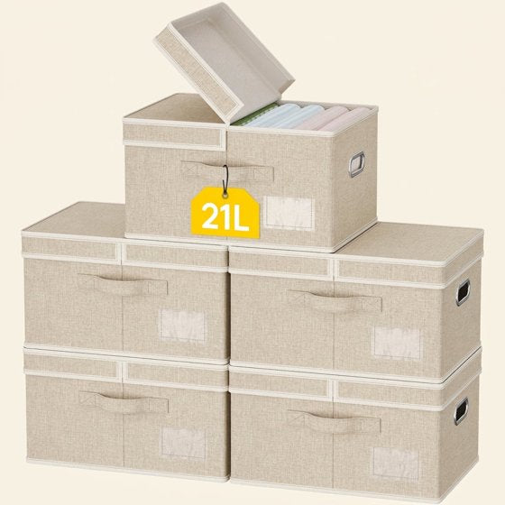 Norcho 34.5L Fabric Storage Bins with Lids Handles, Foldable Decorative Stackable Closet Organizer Beige, 5 Pack
