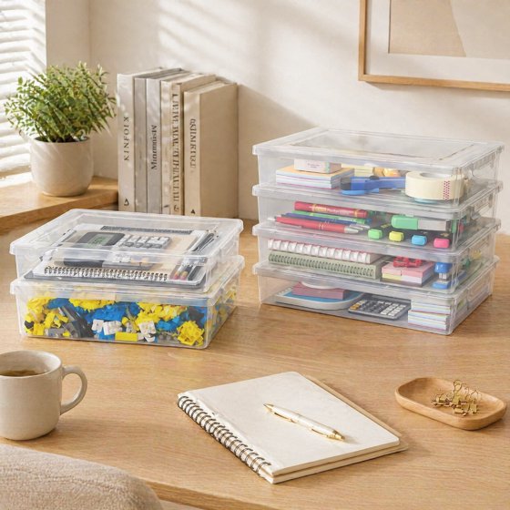 Norcho 4 Pack Paper Organizer Storage Boxes, 12 x 9 inch Multi-Purpose Clear Plastic File Box with Latching Lids for A4, 8.5" x 11" Letter Size Documents, Scrapbook, Magazine & Art Supplies