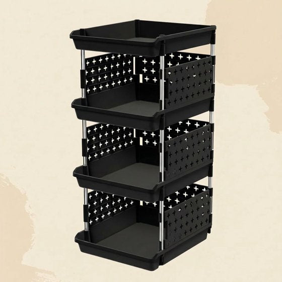 Norcho 4-Tier Plastic Stackable Storage Baskets, Stacking Bins for Food, Clothes, and Household Organization, Black