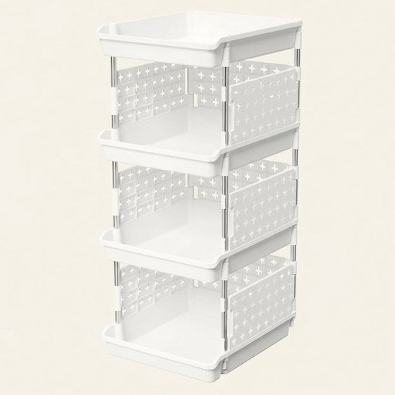 Norcho 4-Tier Plastic Stackable Storage Baskets, Stacking Bins for Food, Clothes, and Household Organization, White