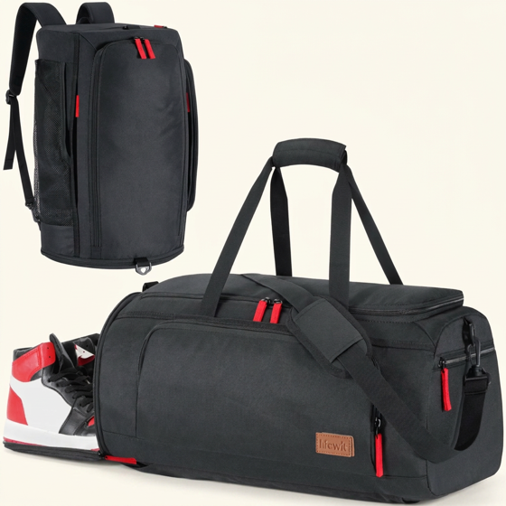 Norcho 40L Gym Duffel Bag with Shoe Pocket, 3-in-1 Waterproof Travel Weekender Backpack Dry Wet Separation, Black