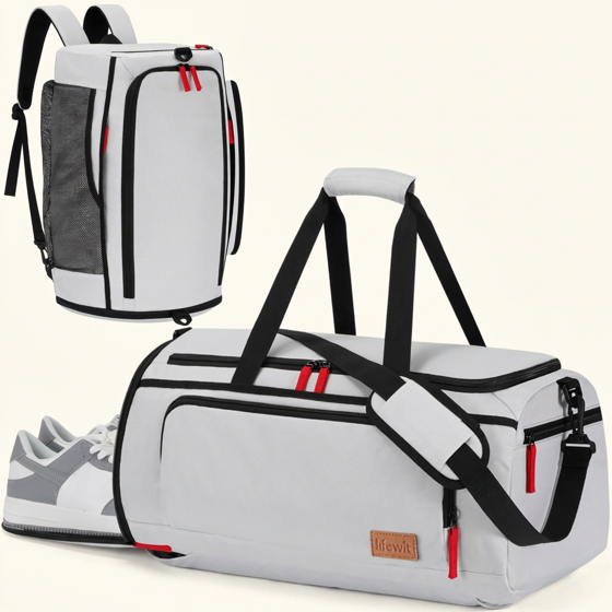 Norcho 40L Gym Duffel Bag with Shoe Pocket, 3-in-1 Waterproof Travel Weekender Backpack Dry Wet Separation, Silver Gray