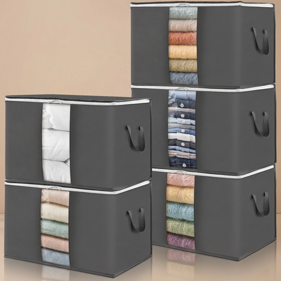 Norcho 5 Pack Collapsible Clothes Storage Bags with Lids Zips Clear Window, Gray 21.9x14x12.6"