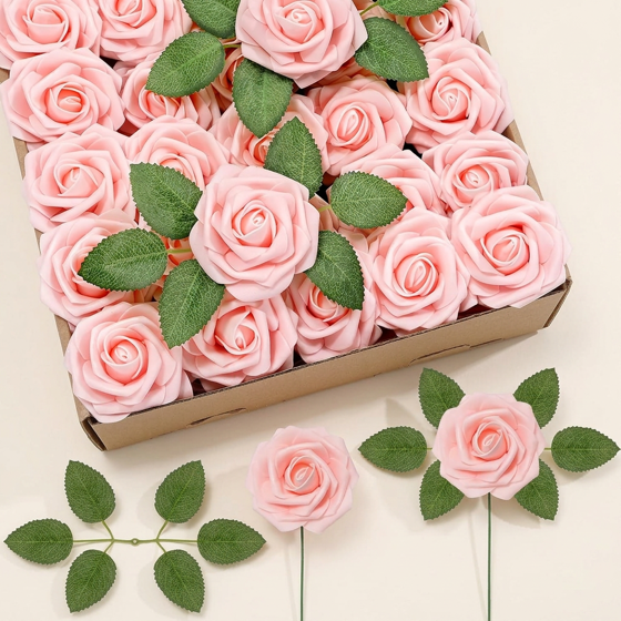 Norcho 50 Pcs Blush Foam Roses Artificial Flowers Stems, Real Looking Fake for DIY Wedding Bouquets Centerpieces Valentine Decor