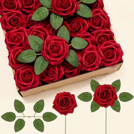 Norcho 50 Pcs Dark Red Foam Roses Artificial Flowers Stems, Real Looking Fake for DIY Wedding Bouquets Centerpieces Valentine