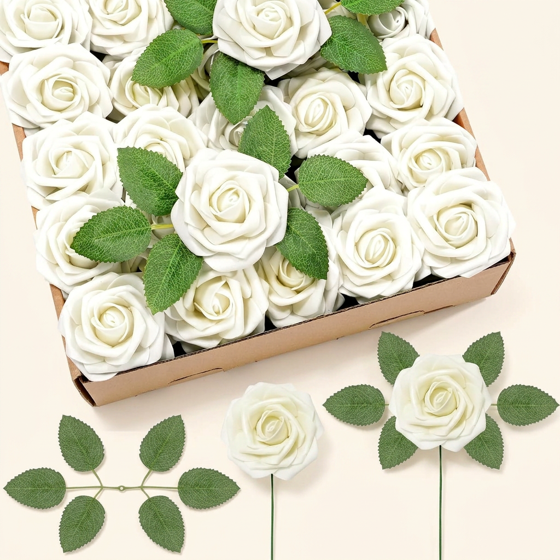 Norcho 50 Pcs Ivory Foam Roses Artificial Flowers Stems, Real Looking Fake for DIY Wedding Bouquets Centerpieces Valentine Decor