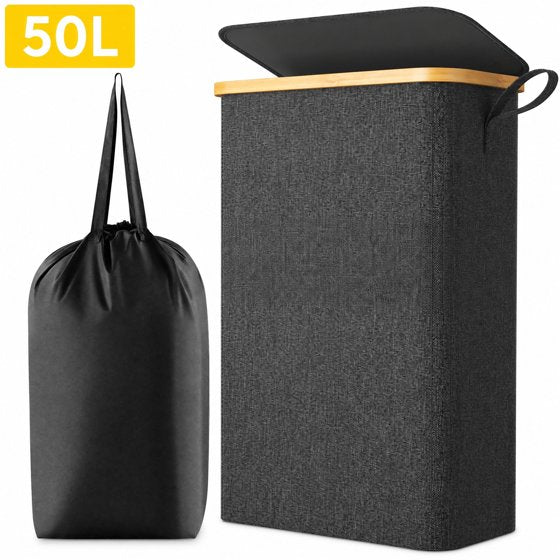 Norcho 50L Slim Laundry Hamper with Lid, Narrow Basket, Removable Bag & Bamboo Handles, Foldable Bin for Bathroom/Bedroom/Dorm, Dark Gray