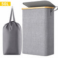 Norcho 50L Slim Laundry Hamper with Lid, Narrow Basket, Removable Bag & Bamboo Handles, Foldable Bin for Bathroom/Bedroom/Dorm, Light Gray