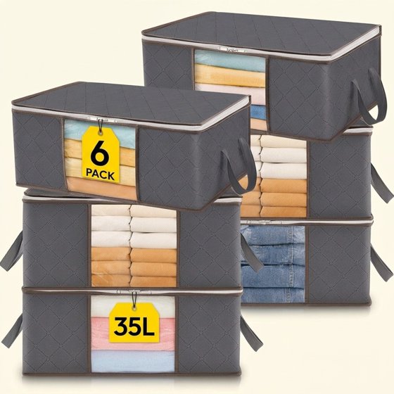 Norcho 6 Pack Clothes Storage Bag Foldable Bin with Reinforced Handle, Clear Window, Sturdy Fabric for Clothing Bedding, Gray