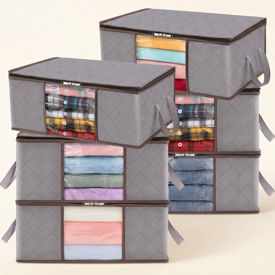 Norcho 6 Pack Clothes Storage Bag Foldable Bin with Reinforced Handle, Clear Window, Sturdy Fabric for Clothing Bedding, Light Gray