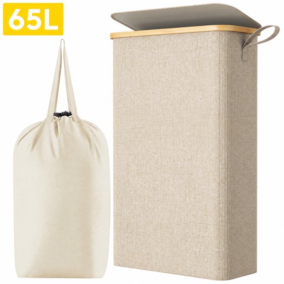 Norcho 65L Slim Laundry Hamper with Lid, Narrow Collapsible Laundry Basket with Removable Bag and Bamboo Handles, Beige
