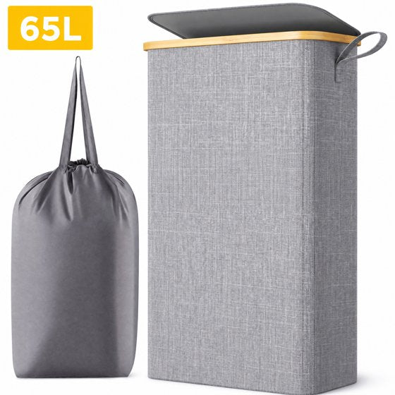 Norcho 65L Slim Laundry Hamper with Lid, Narrow Collapsible Laundry Basket with Removable Bag and Bamboo Handles, Light Gray