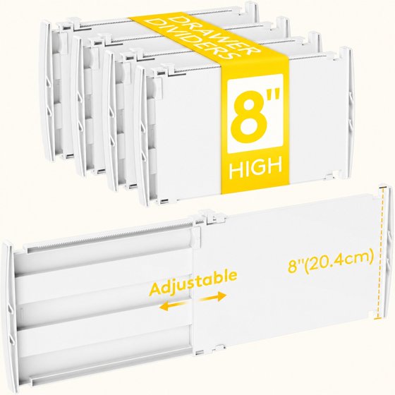 Norcho 8" Tall Drawer Dividers 4 Pack, Expandable 13.8–22.2 Inch Adjustable Drawer Organizers for Clothes, Dresser, Closet, Bathroom and Kitchen Storage Separation
