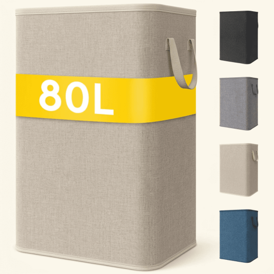 Norcho 80L Tall Collapsible Laundry Hamper with Handles, Foldable Portable Clothes Basket for Dorm Bathroom, Beige