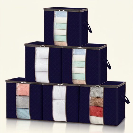 Norcho 90L Clothes Storage Bag with Reinforced Handle, Sturdy Zipper Clear Window, Foldable for Comforters Blankets, 6 Pack Blue