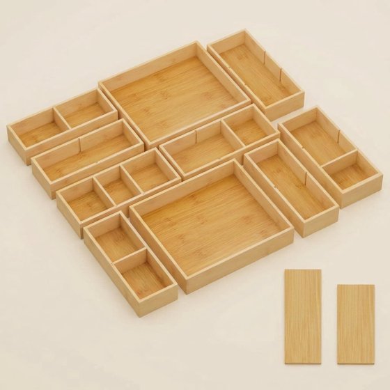 Norcho Adjustable Bamboo Drawer Organizers with 12 Inserts, Stackable Storage Boxes, 10-Pack for Kitchen, Bathroom, Office, Vanity