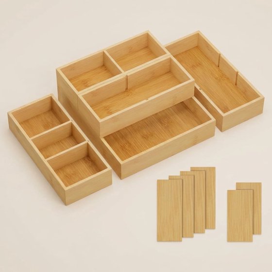 Norcho Adjustable Bamboo Drawer Organizers with 6 Inserts, Stackable Storage Boxes, 5-Pack for Kitchen, Bathroom, Office, Vanity