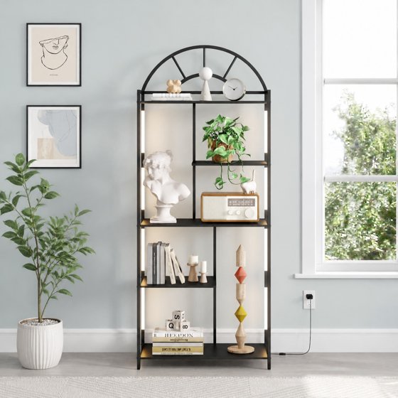 Norcho Arched Geometric LED Display Shelf with Adjustable Color Temperature & Brightness Control, Etagere Bookshelf with Metal Frame & Wood Shelves for Living Room, Bedroom & Curio Display, Black