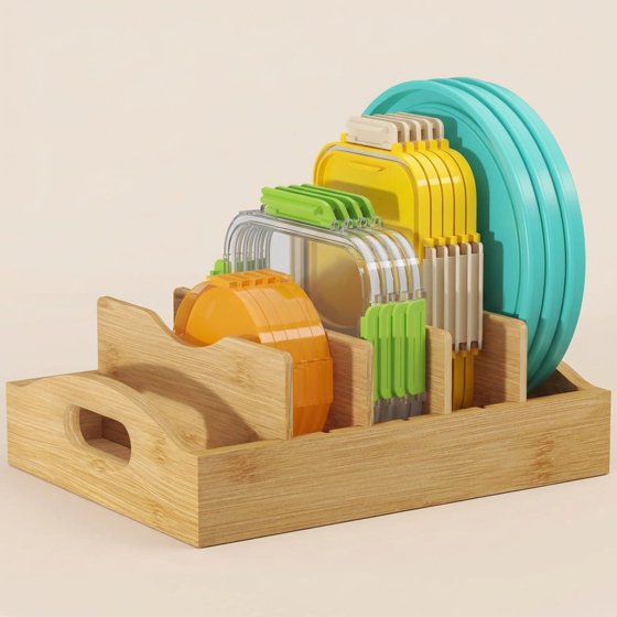 Norcho Bamboo Lid Organizer for Cabinet, Adjustable Food Storage Container Lid Holder with 4 Inserts and 5 Compartments, 10.6" x 8.3" for Kitchen Pantry Organization