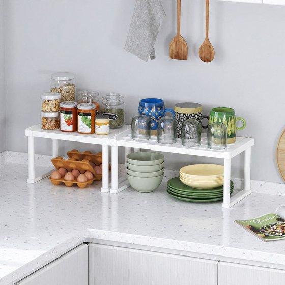 Norcho Cabinet Shelf Organiser, Expandable Countertop Kitchen Shelves, Plastic Shelf Riser for Pantry Kitchen Storage and Spice Rack, Set of 4, 16 x 8 x 7 inch (40 x 21 x 18 cm)