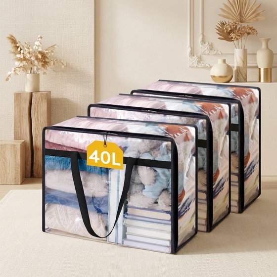 Norcho Clear Clothes Storage Bags, 4 Pack 40L Vinyl Blanket Storage Containers with Zipper, Foldable Closet Organizer for Bedding, Duvet, Comforter