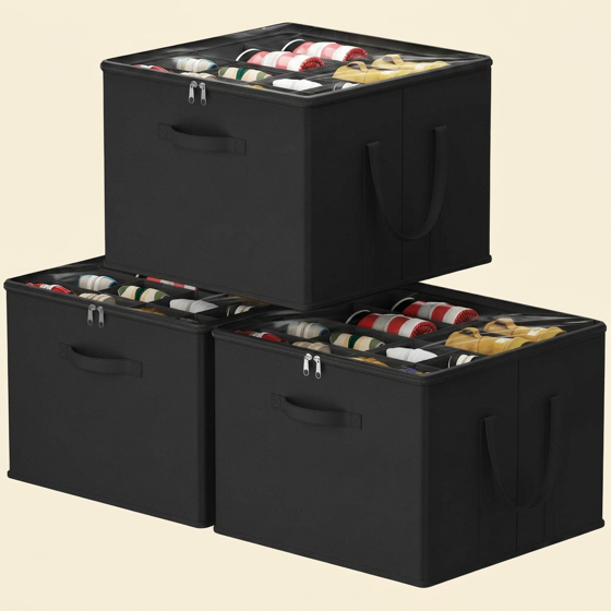 Norcho Closet Shoe Storage, 3 Large Fabric Boxes with Clear Covers, Foldable, Fits 36-48 Pairs (12-16 Each) Boots/Heels/Sneakers, Black