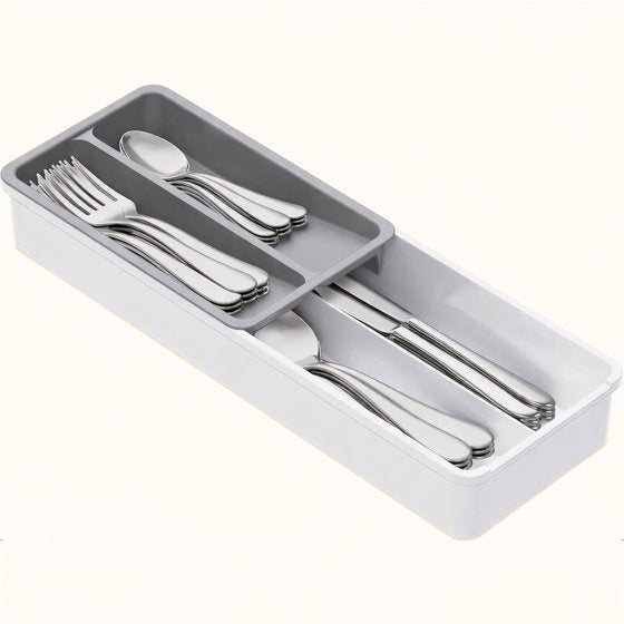 Norcho Compact Silverware Organizer for Kitchen Drawer, Narrow Flatware Tray Holder for Spoons, Forks, and Knives, White & Gray
