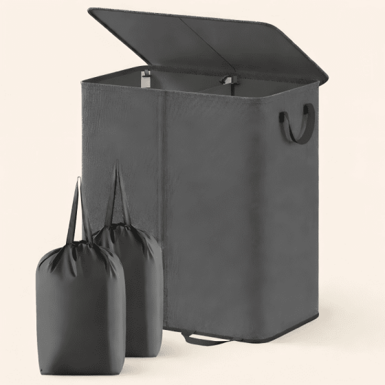 Norcho Double Laundry Hamper with Lid and Removable Bags, Large Collapsible 2-Divider Laundry Basket with Handles, 136L, Black