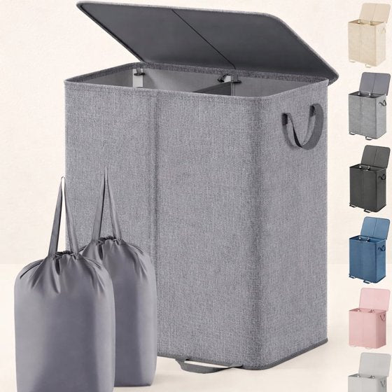 Norcho Double Laundry Hamper with Lid and Removable Bags, Large Collapsible 2-Divider Laundry Basket with Handles, 136L, Gray