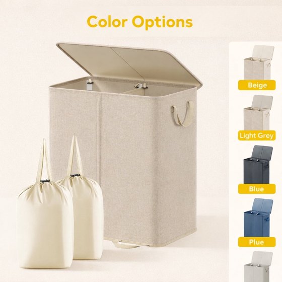 Norcho Double Laundry Hamper with Lid and Removable Bags, Large Collapsible 2-Divider Laundry Basket with Handles, 155L, Beige