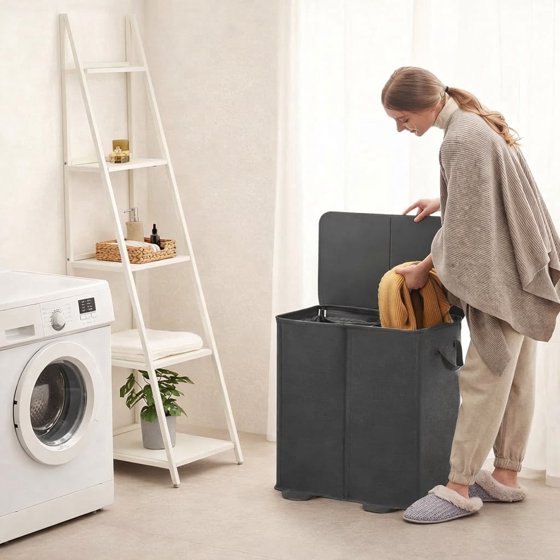 Norcho Double Laundry Hamper with Lid and Removable Bags, Large Collapsible 2-Divider Laundry Basket with Handles, 155L, Black