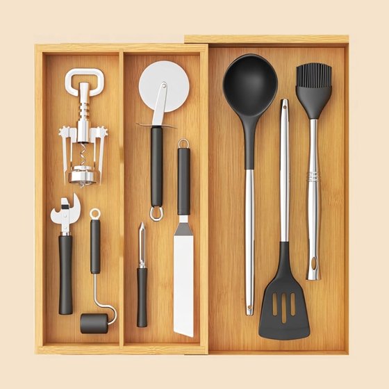 Norcho Expandable Bamboo Utensil Organizer Tray, Adjustable Cutlery and Flatware Holder for Kitchen Drawer, 8.9–15.8 x 15.75"