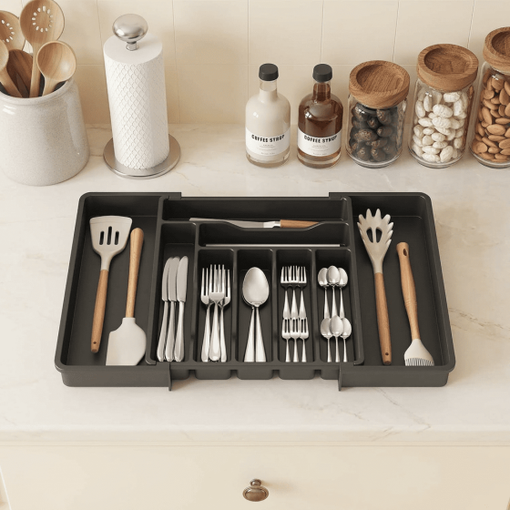 Norcho Expandable Utensil Organizer Drawer, Adjustable Cooking Silverware Tray, Plastic Spatula Tools Divider 13-22.4"x15" Black