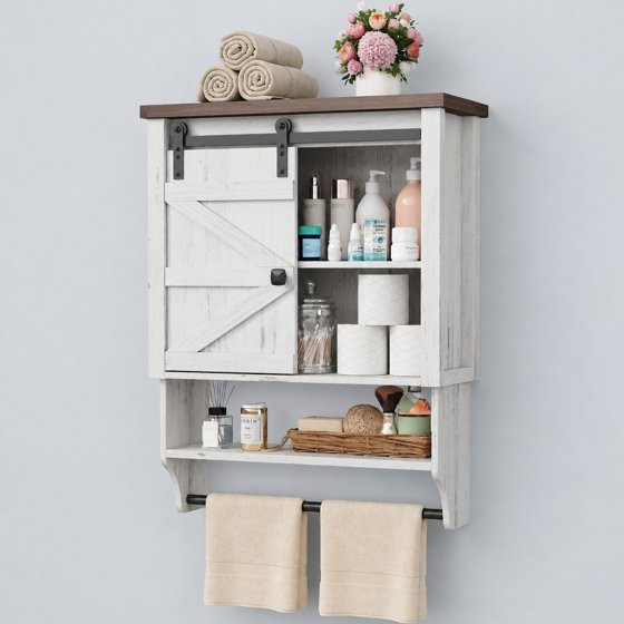 Norcho Farmhouse Bathroom Wall Cabinet with Sliding Barn Door, Medicine Cabinet with Adjustable Shelf and Towel Hook, Wall Mounted Storage Cabinet for Bathroom, Kitchen, Laundry Room